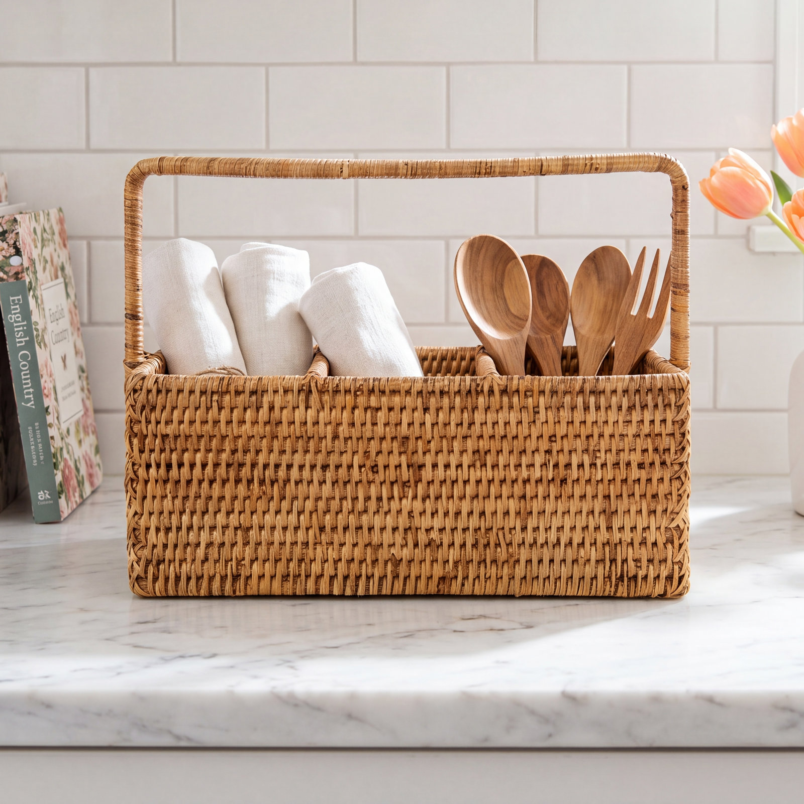 Camden Rattan Rectangle Flatware Caddy, Honey Brown