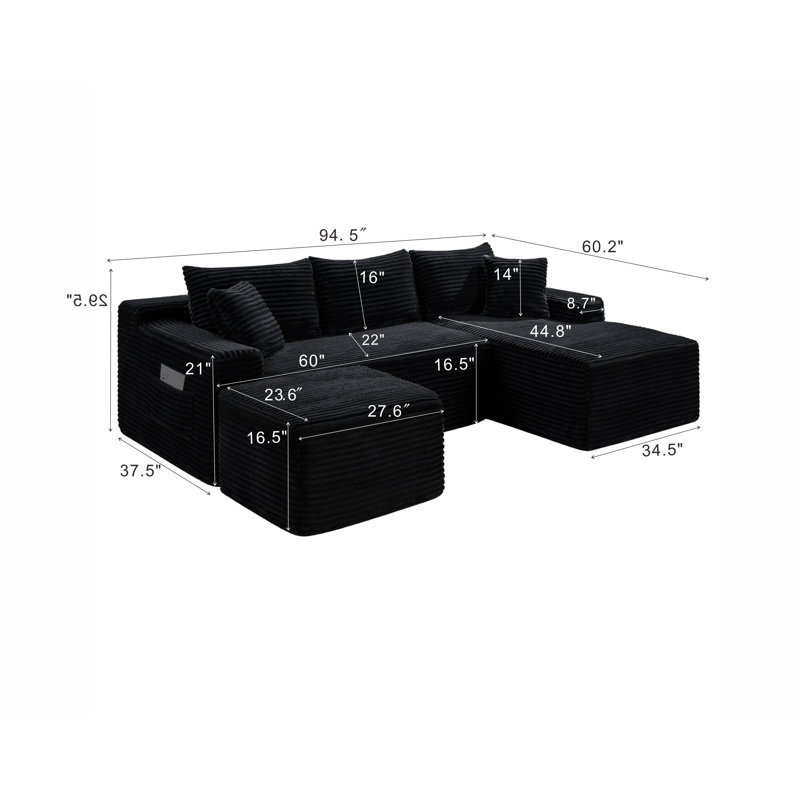 Canapé modulaire pour canapé modulaire avec méridienne 95 po, Méridienne orientée à droite, Noir, noir, noir, noir