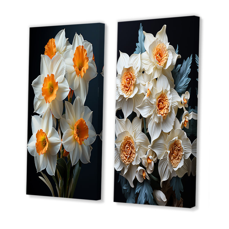 Jonquilles blanches et orange Bloossom - ensemble de 2 décorations murales jonquilles, H 28 po x l 25 po, Toile tendue