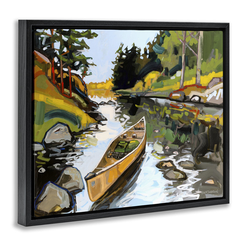 Canoé à travers la rivière, art mural encadré par Adam Swanson, H 25 po x l 31 po, Cadre flottant noir de jais