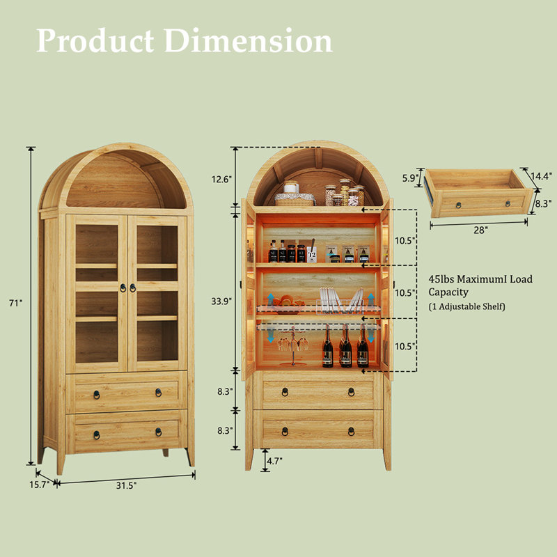 Vitrine arquée avec tiroirs et tablettes réglables, Naturel
