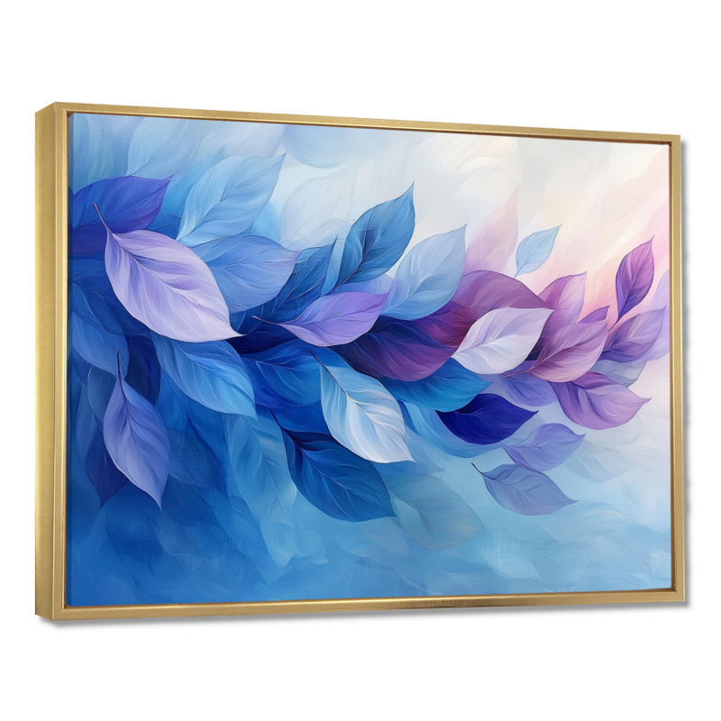 «Floating Leaves In Purple Ink River II», art mural feuilles, H 34 po x l 44 po, Impression encadrée flottante, Doré
