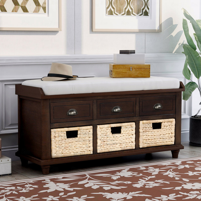 Banc de rangement pour chaussures, banc de rangement rustique avec 3 tiroirs et 3 paniers en rotin, pour le salon, le vestibule