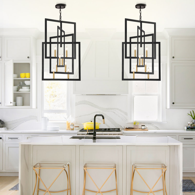 8 - Light Dimmable Modern Farmhouse Geometric Chandelier（Set Of 2）, Matte Black/Gold