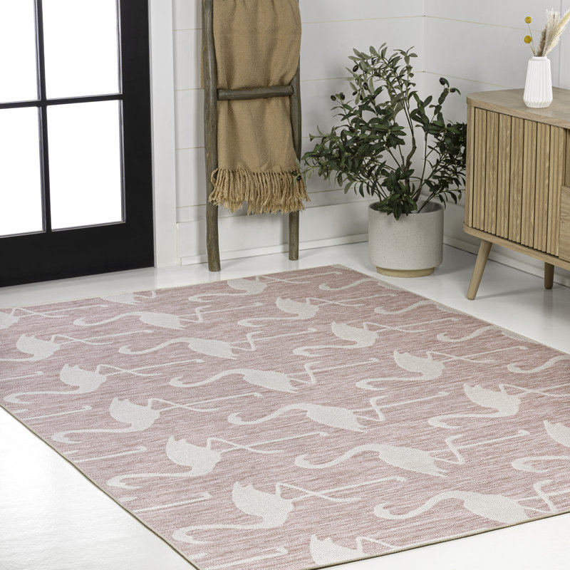 Cindia Casual Coastal Flamingos Two-Tone Pink/Cream Indoor/Outdoor Rug, Rectangle 5'3" x 7'7"