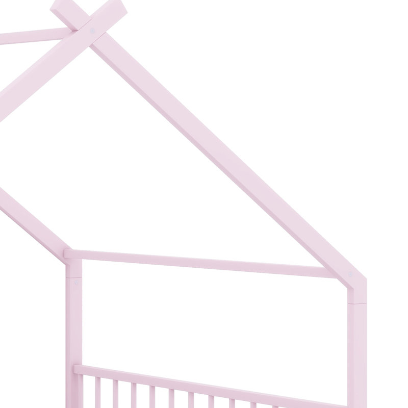 Metal House Bed Frame with Classic Roof Design, Pink