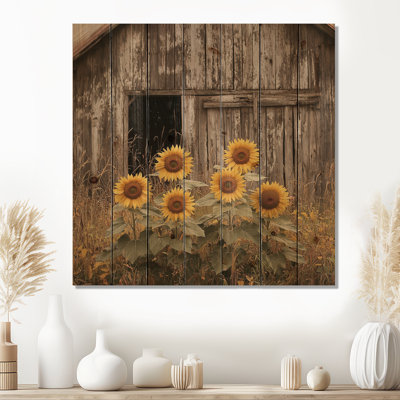 Tournesols par la vieille grange en bois I - Décoration murale en bois de tournesols - sur bois de pin naturel