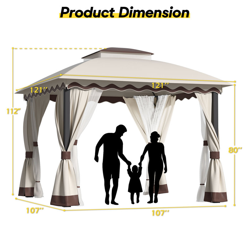 Outdoor Patio Gazebo Heavy Duty Gazebos With Mosquito Netting & Double Roof, Beige, 112" H x 121" W x 121" D