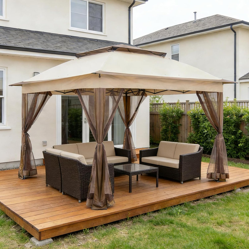 11X11 Ft Beige Quick-Build Gazebo With Mesh Shade, Providing 121 Sq M Of Shade, Comes With 4 Weight Bags For Sturdiness And Durability.