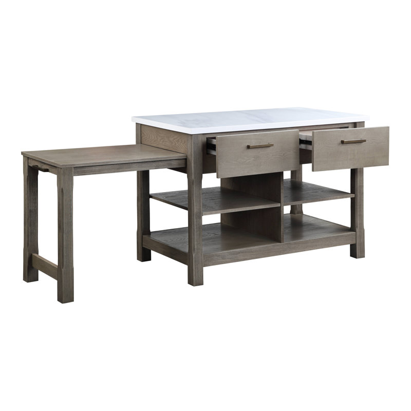 Kitchen Island w/Pull Out Table, Nature Marble Top Top & Rustic Oak Finish