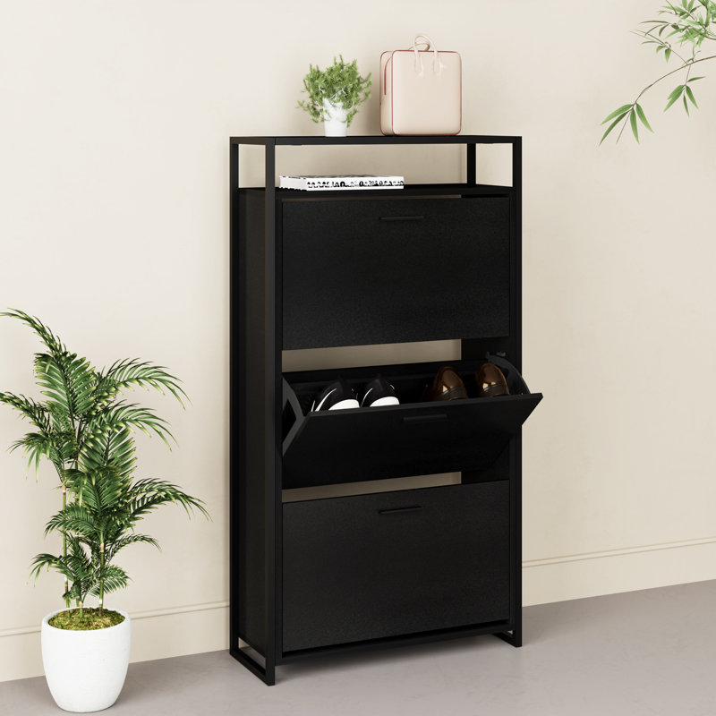 Armoire à chaussures étroite à 3 portes avec tablette ouverte et 3 tiroirs rabattables, organisateur de rangement, structure en métal noir l 25 po x H 46,5 po