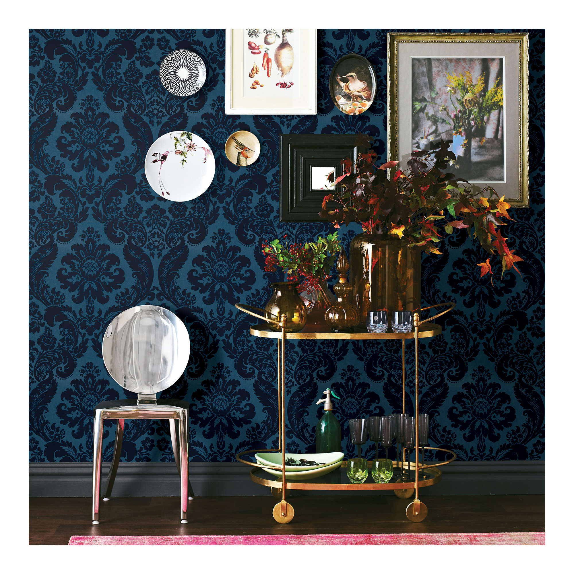Melvin Damask Wallpaper, Blue