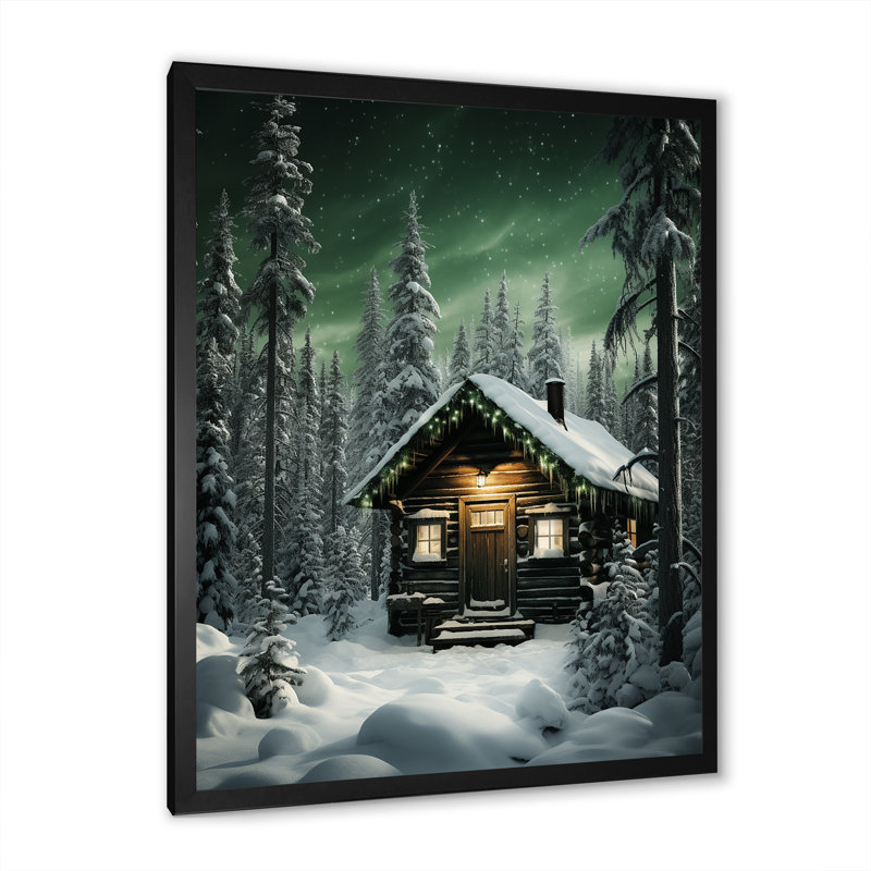 Festive Winter Forest Cabin - Art mural forêt, Cadre photo noir, H 32 po x l 16 po x P 1 po