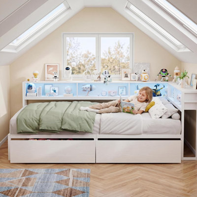 Twin Corner Bed Frames with Charging Station and LED Lights, White | Twin Size Bed Platform with 2 Storage Drawers and Bookcase Headboard, Modern Twin Daybed for Kids Teens Guests