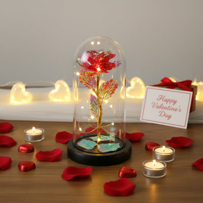 Couvert en verre borosilicaté avec base en bois, rose éternelle avec lumière dorée Eternal Beauty, fleur artificielle réaliste pour la Saint-Valentin