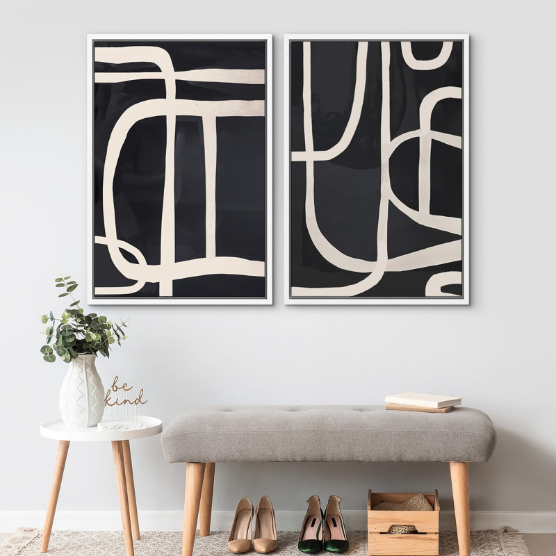 «Mid-Century Spiral Wave», 2 pièces sur toile, Cadre blanc, H 16 po x l 24 po
