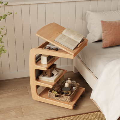 Table à plateau rabattable avec rangement, table de bout mobile en bois massif avec roulettes, table d'appoint polyvalente pour le bureau à domicile