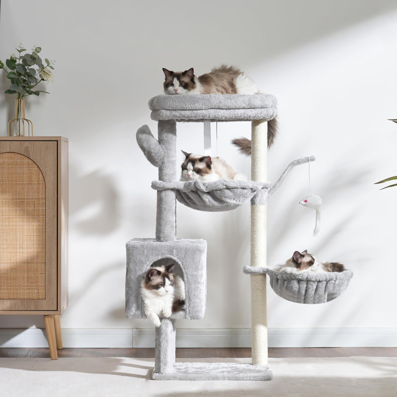 Arbre à chat, tour de 39,4 pouces avec poteau à griffer, tour pour chats d'intérieur, poteau en sisal entièrement enveloppé, plateforme souple, 2 paniers et jouet suspendu, gris clair