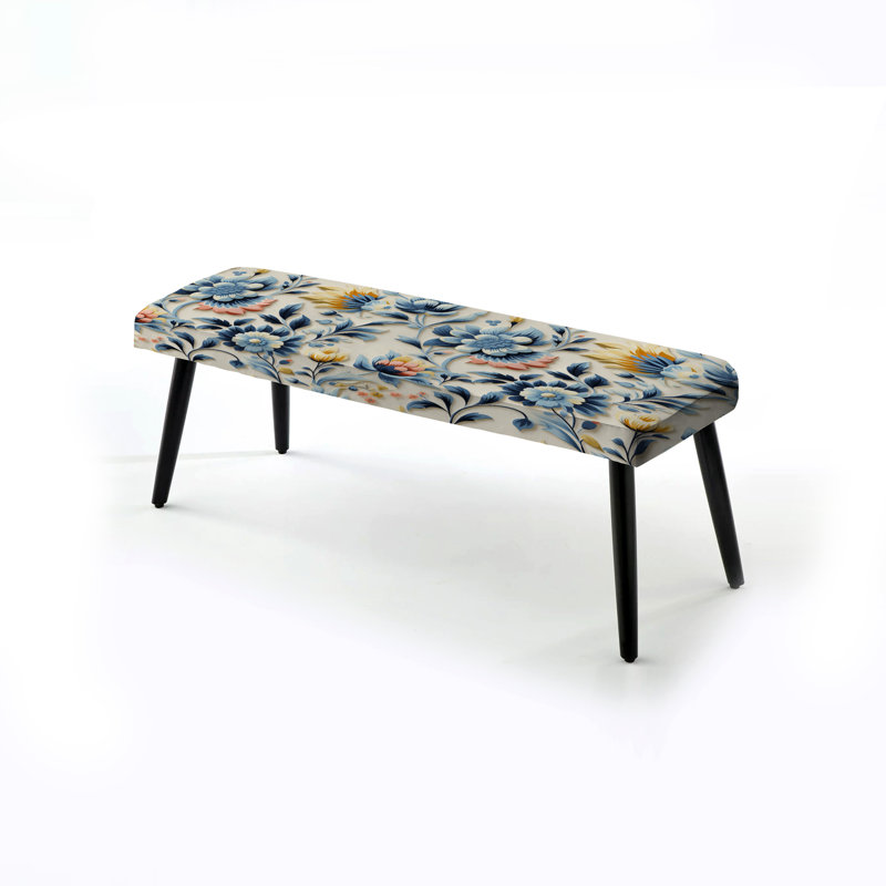 Hermantown Ethnos Damask Pink And Blue Ferns I - Damask Upholstered Black Bench