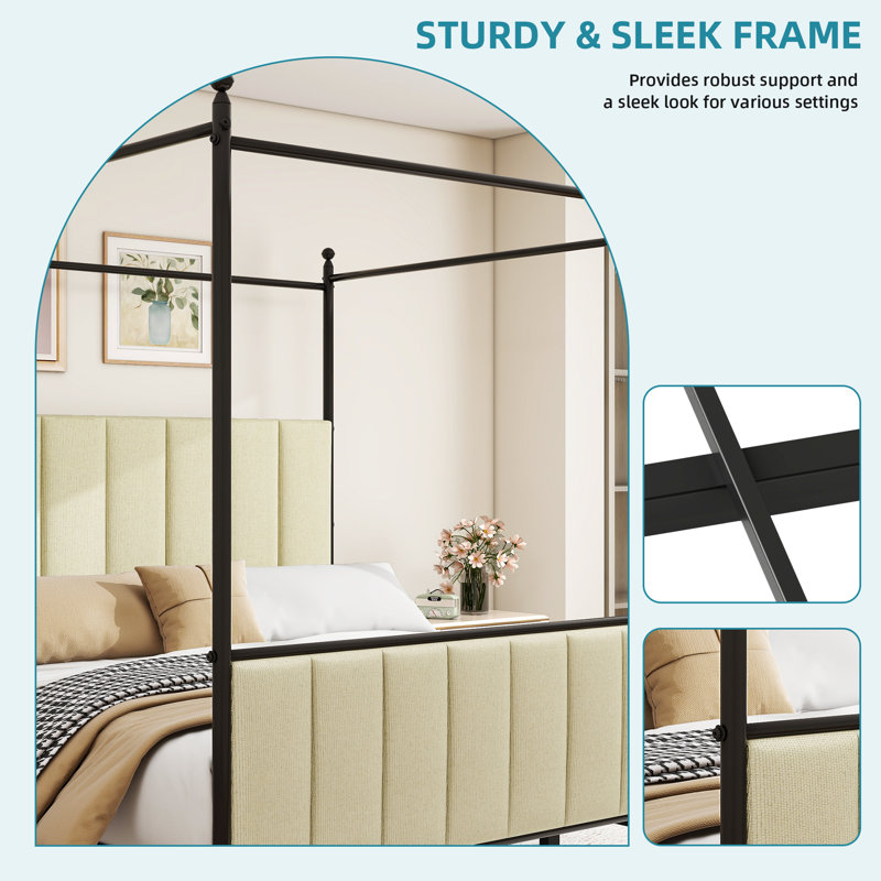 Upholstered Canopy Bed, Beige, King