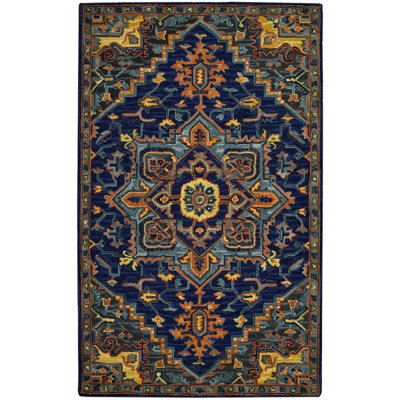 5' X 8' Blue Teal And Brick Red Wool Medallion Hand Tufted Area Rug