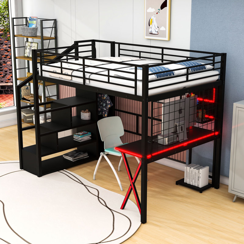 Lit mezzanine double avec bureau intégré, garde-robe, escalier de rangement et éclairage DEL
