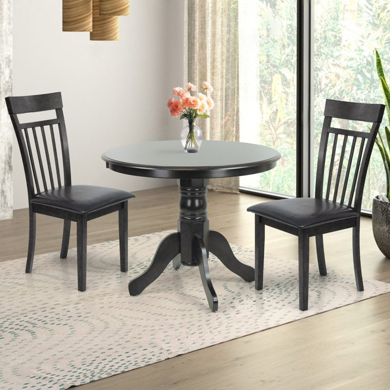 Ensemble de table de salle à manger 3 pièces, 2 chaises chaudes en bois massif de style classique avec table ronde à piédestal, ensemble de cuisine, coussins en cuir PU