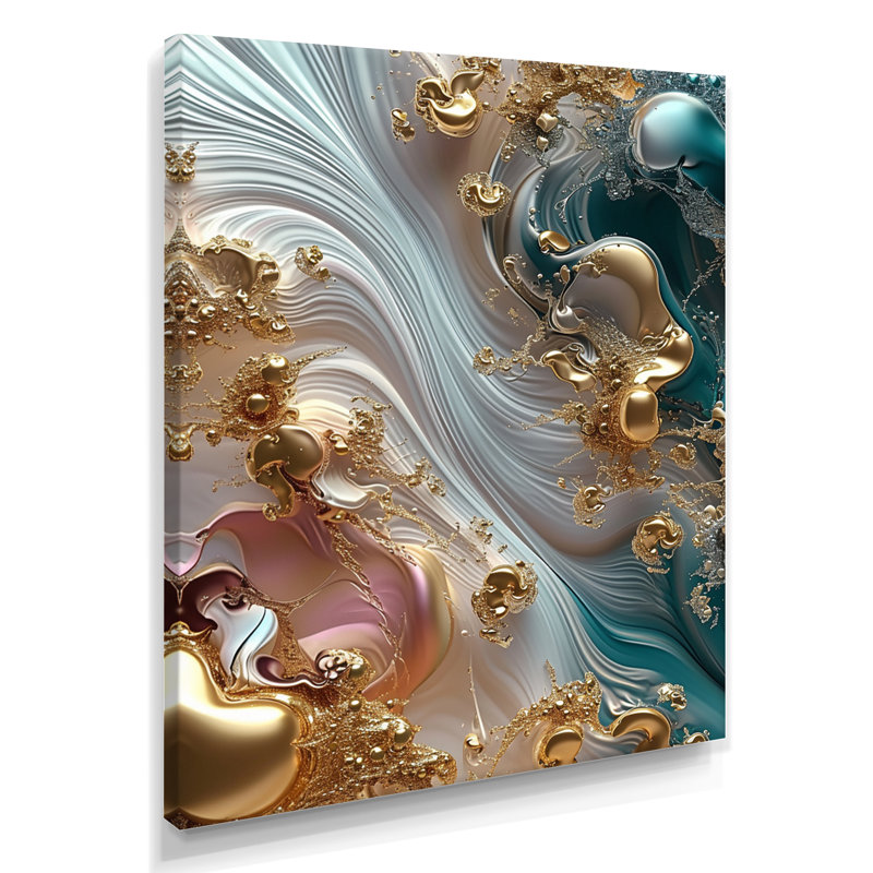 Liquide, ruisseaux, coucher de soleil, rose, turquoise, or - vagues modernes abstraites, art mural, Toile tendue