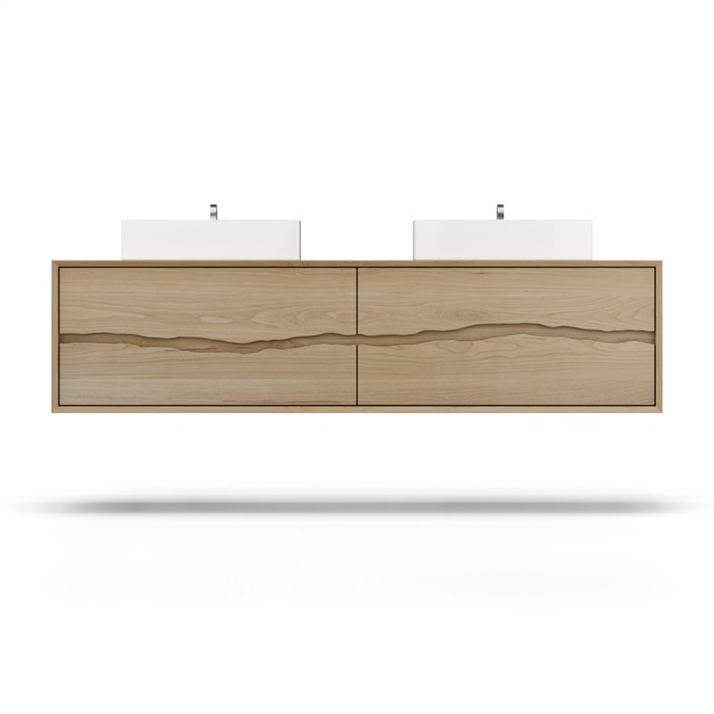 Ventura Four-Drawer Double Bath Floating Vanity With Integrated Countertop, American White Oak, 84", Widespread Faucet