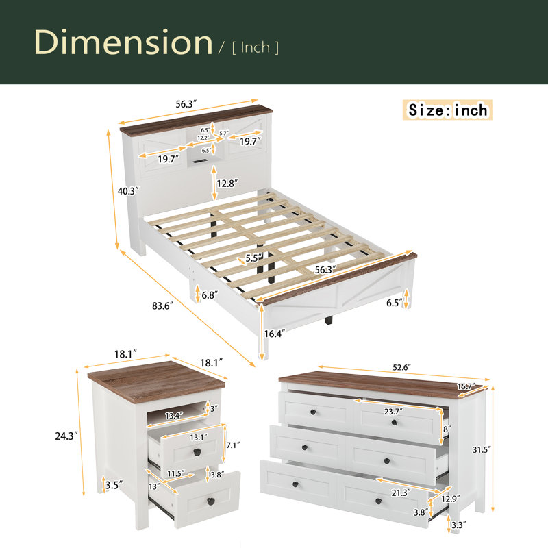 Ensemble de chambre à coucher 3 pièces avec lit plateforme Farmhouse, Blanc / Brun, Lit simple