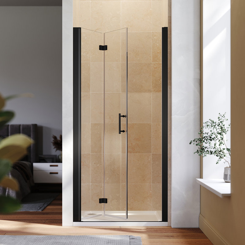 Landeros 4699mm H Hinged Frameless Shower Door with Clear Glass, 76"