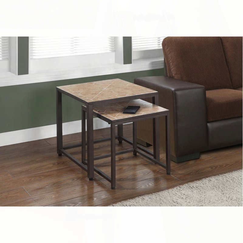 Table gigogne, ensemble de 2, côté, bout, métal, accent, salon, chambre à coucher, carrelage brun, métal brun, transitionnel