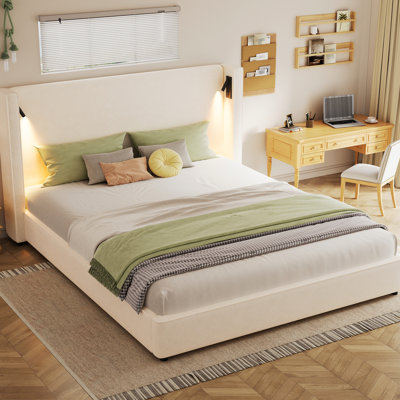Très grand lit, base de lit, beige, rembourrage à oreilles haut, lampe de lecture réglable, port, mousse douce, sans sommier, installation facile - beige avec tête de lit à oreilles, lampe et support en bois confortable