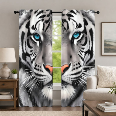 2Pcs Tiger Face Print Curtains, Wild Animal Theme Curtain, Vivid Realistic Portrait Pattern Eyelet Drapes, Decorative Window Treatment for Bedroom Living Room Decor