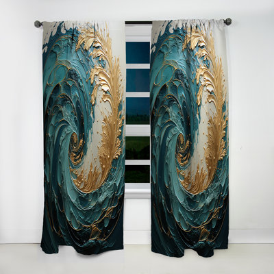 Gold Teal Ocean Spiral V - Modern Curtain - Velvet Room Darkening - 1 Panel