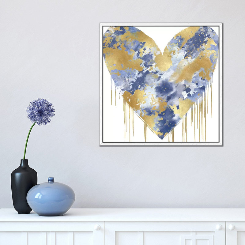 Big Hearted Blue And Gold by Lindsay Rodgers - Print on Canvas, White Framed, 45.72cm H x 45.72cm W x 3.81cm D