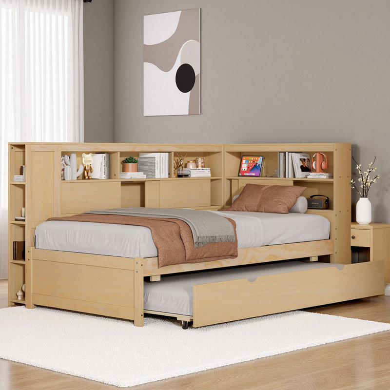 Lit de jour polyvalent avec rangement intelligent USB et gigogne, Naturel