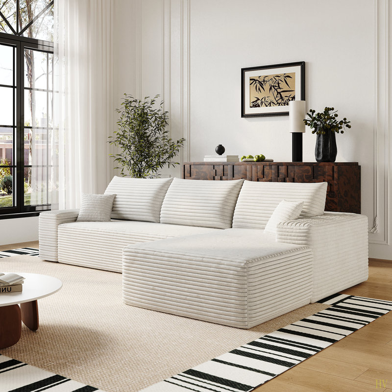 Canapé modulaire Boneless de 107 po avec méridienne en forme de L, canapé modulaire moderne à assise profonde, canapé rembourré pour la chambre à coucher du salon, aucun assemblage requis (tissu en velours côtelé moelleux)