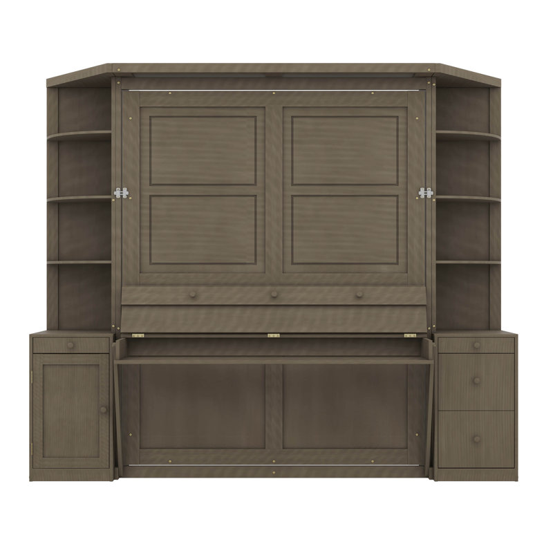Grand lit escamotable intégré avec bureau, tablettes de rangement et armoires encastrées, gris