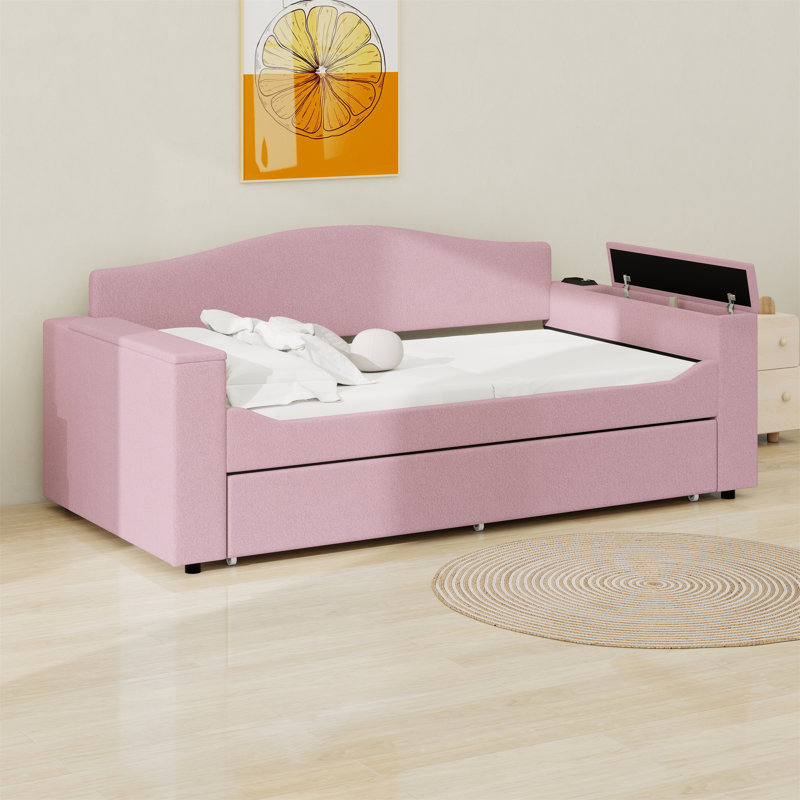 Lit de jour rembourré avec accoudoirs de rangement, lit gigogne et dernier système audio Bluetooth intégré, Rose