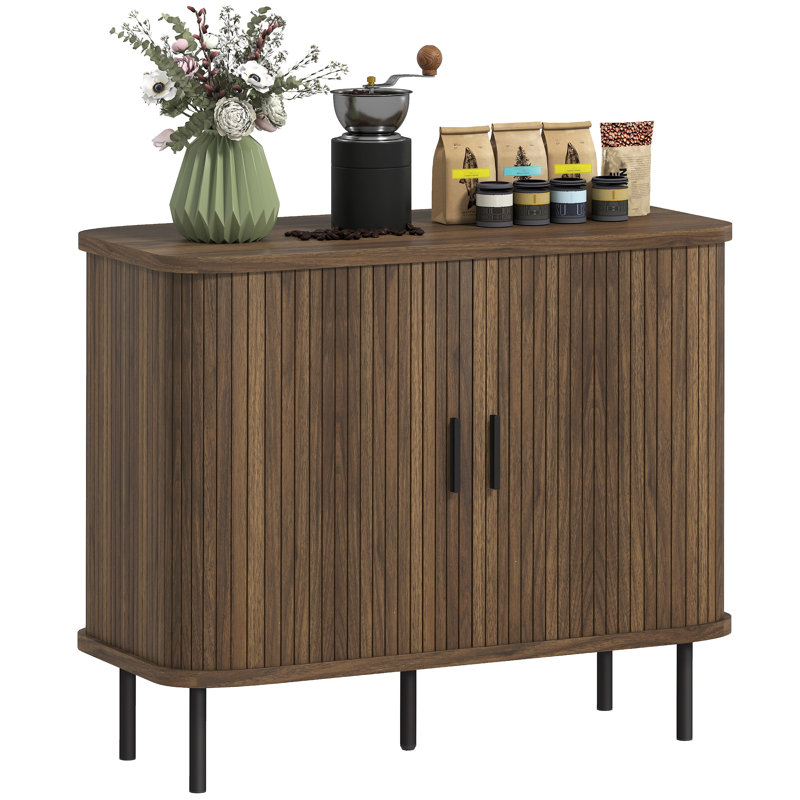 Walnut Nordic Sideboard - Slatted Tambour Sliding Doors, Decorative Storage Cabinet For Kitchen/living Room