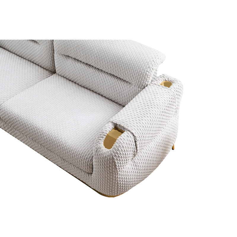 Meuble de salon moderne 3 pièces en crème, chenille douce, détails dorés et soutien lombaire gris, 2 options, structure en bois, accoudoirs roulés, conçu pour une assise confortable