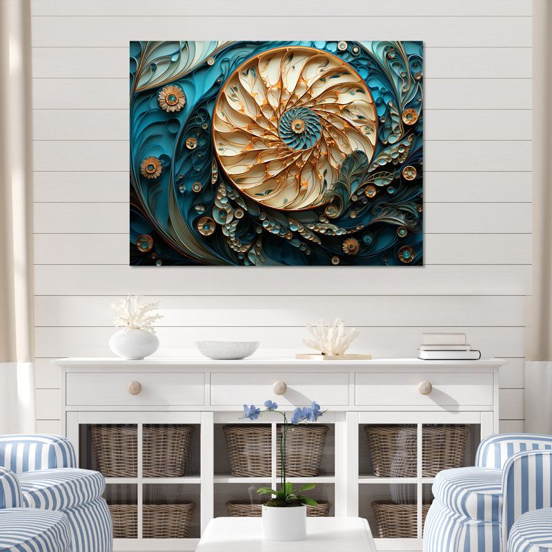 " Gold And Blue Nautilus Vortex ", Silver Picture Framed, 34" H x 44" W