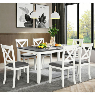 7-Piece Solid Wood Dining Table And Chairs Set, Modern 58.5 Inch Table With 6 Padded Chairs (X-Back Style) For Kitchen, Dining Room, Grey & White Two