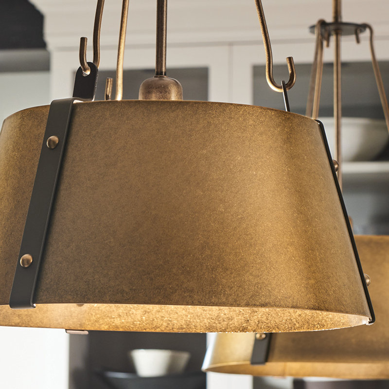 Cartwright 3-Light Drum Pendant with Bold Rivets, Rustic Brass