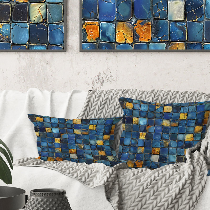 Carreaux de mosaïque moderne bleu et jaune II - Coussin moderne, H 16 po x l 16 po