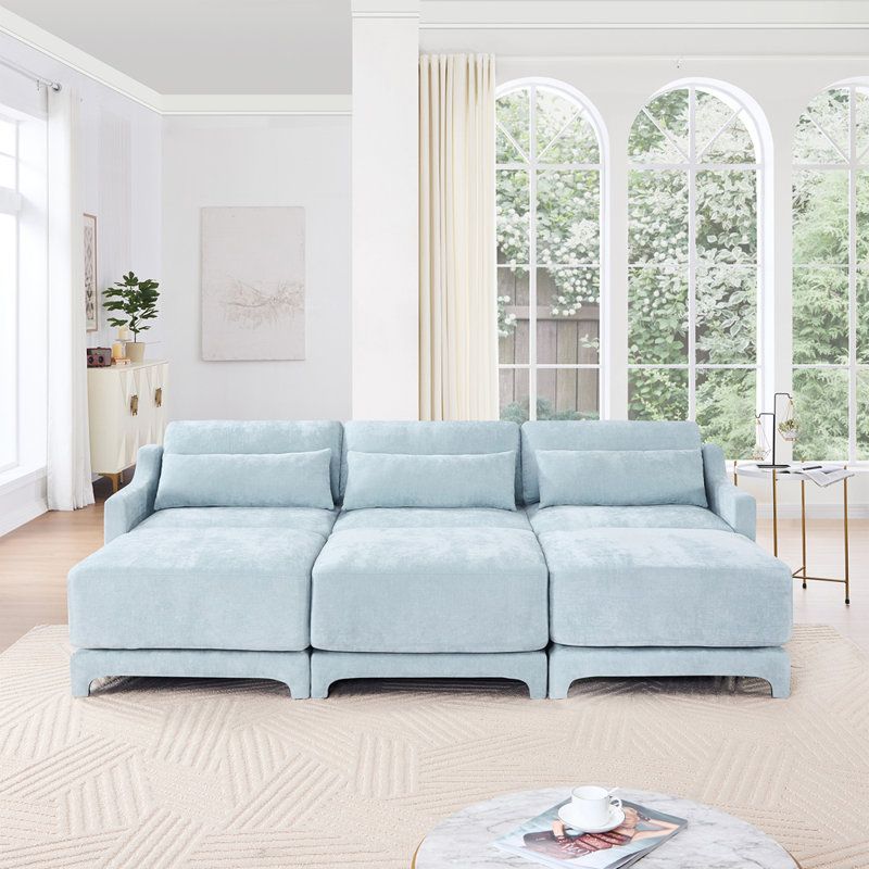 Canapé à trois places, 3 repose-pieds mobiles, équipé d'un coussin lombaire, tissu en chenille, base en bois de haute qualité, conception ergonomique, éponge à haute résilience, facile à installer