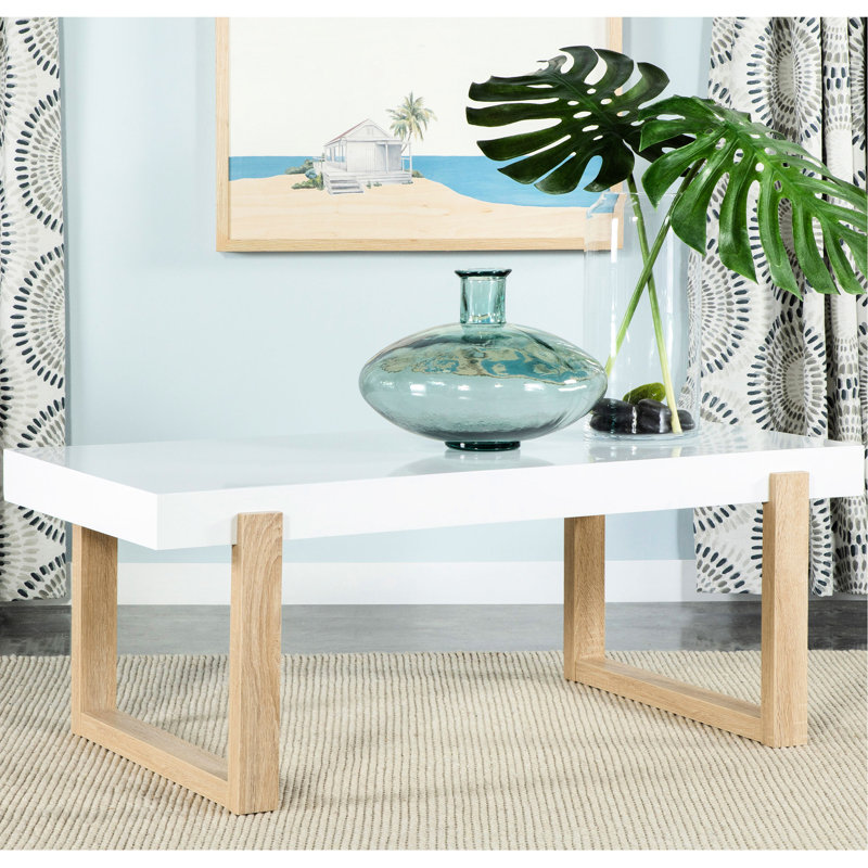 Table basse naturelle et blanche ultrabrillante avec base de traîneau, forme rectangulaire, pieds en U pour un soutien plus solide, six places assises, 18 pouces de hauteur, 47,26 de longueur, 24,28 de largeur, structure de bonne hauteur, largeur,
