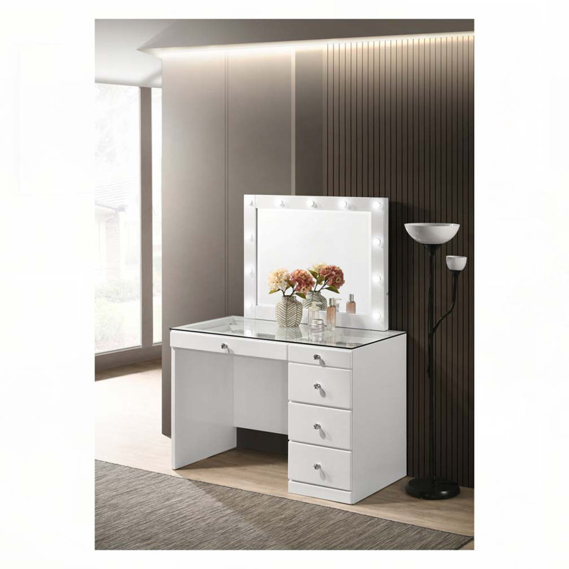 Meuble-lavabo 1 pièce avec plateau en verre et 5 tiroirs en cristal blanc, Blanc
