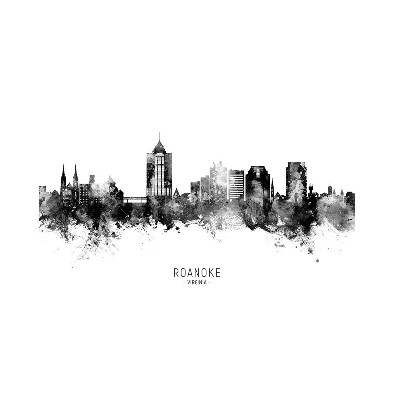 Roanoke Virginia Skyline Name Bw by Michael Tompsett - Wrapped Canvas Print, 20.32 cm H x 30.48 cm W